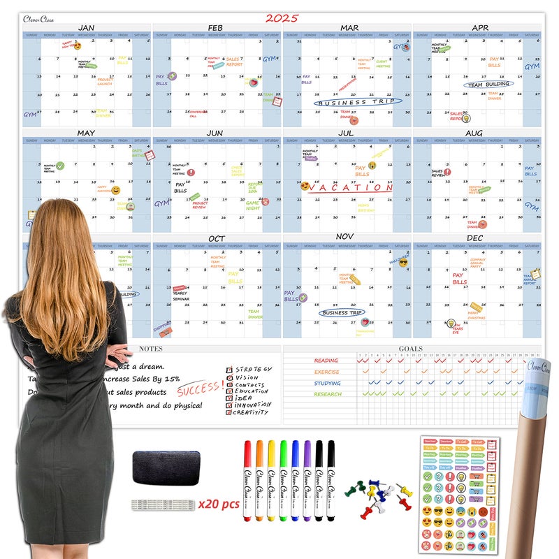 CLEVER CLEAN Large Dry Erase Wall Calendar 5 Feet- 48"x60" 2026 Undated Yearly Planner for Home, Office, School Projects - Jumbo Erasable Laminated Task Organizer - Image 1